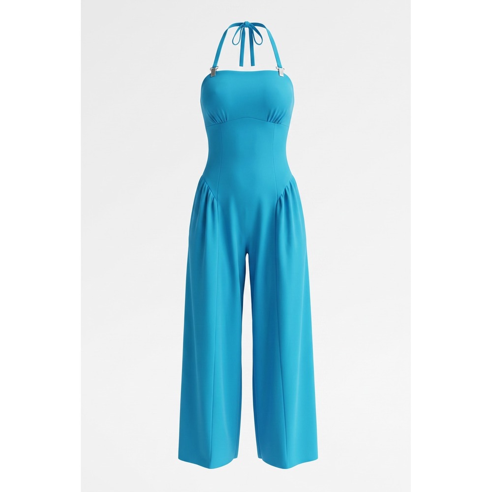 SHEIN Women Blue Halter Wide Leg Jumpsuit Size XXL 14 Sleeveless Back Zip Summer